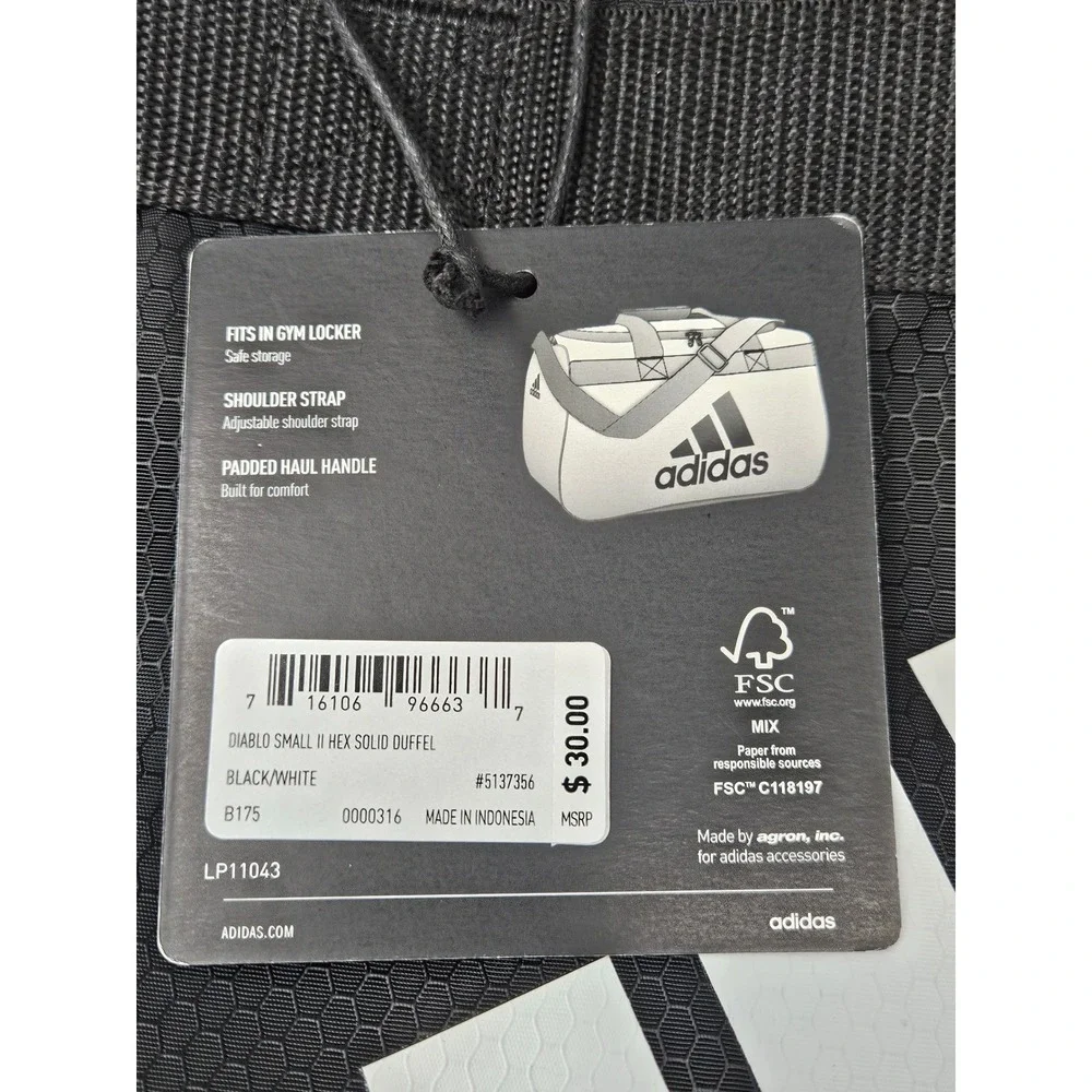 Adidas Diablo Small II Duffel Bag Black White Hex Solid Gym Travel Bag NWT